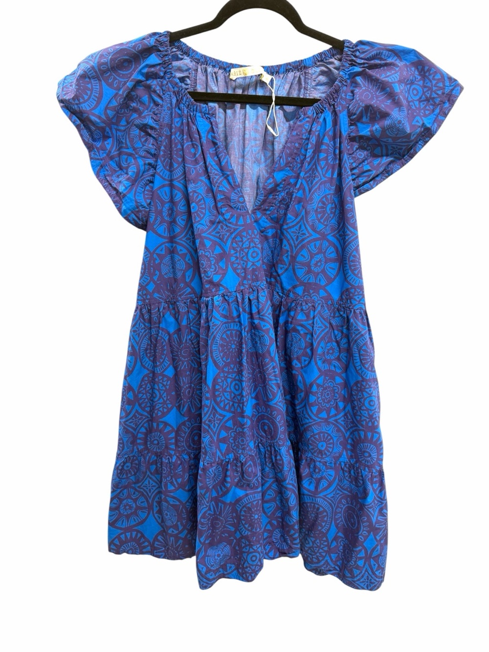 Marie Oliver Blue Geometric Babydoll Dress Cotton Flutter Sleeve XL
